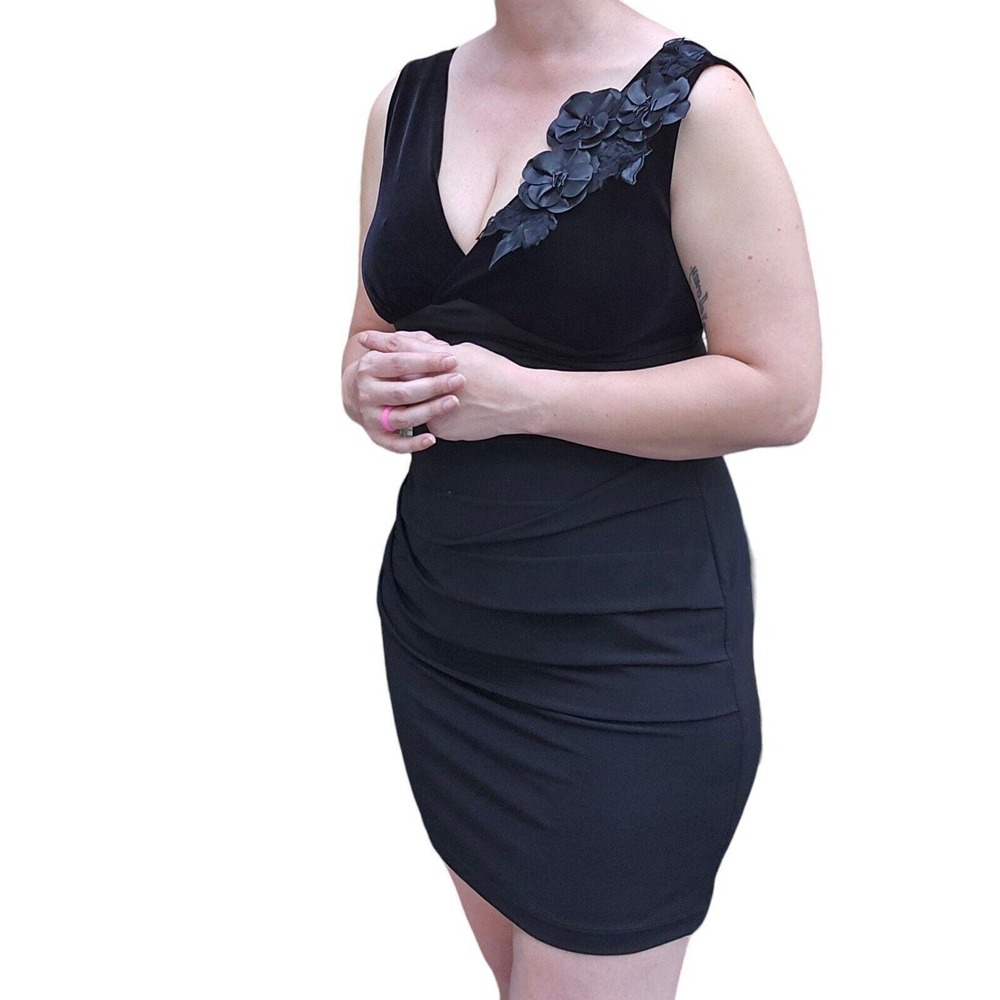 90s Connected Apparel Deep V Little Black Floral Cocktail Party Dress Petite 10P